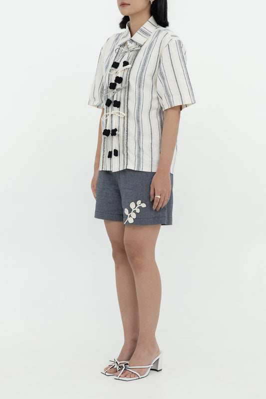 PLEATS RIBBON SHORT SLEEVE SHIRT
