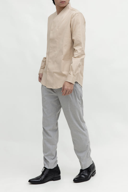 OVERLAP HIGH COLLARLESS LONG SLEEVES SHIRT
