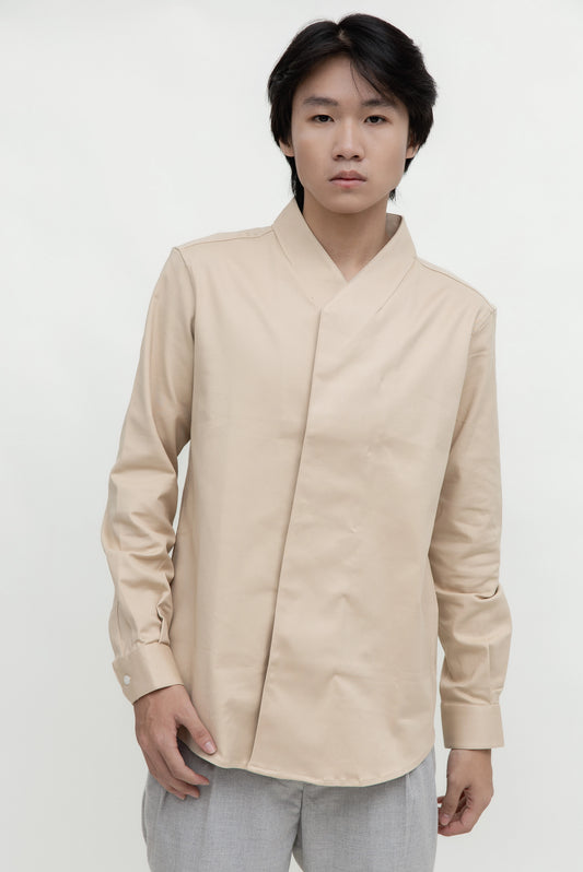 OVERLAP HIGH COLLARLESS LONG SLEEVES SHIRT