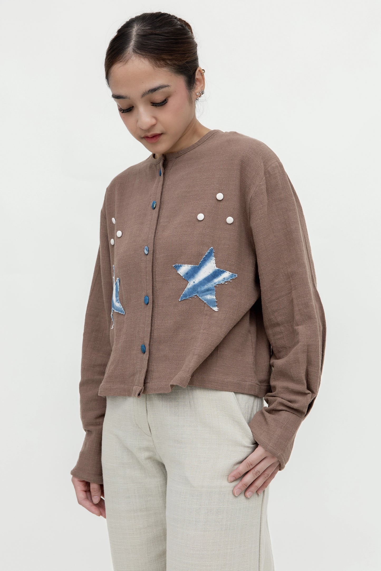 BROWN PATCH CROP LONG SLEEVE TOP