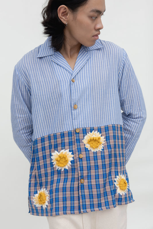 TWO TONE SQUARE FLOWER BLUE LS