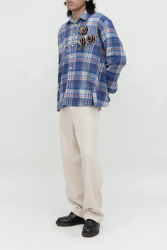 CHECKED BOUQUET FLOWER BLUE LS