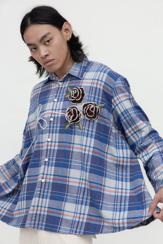 CHECKED BOUQUET FLOWER BLUE LS