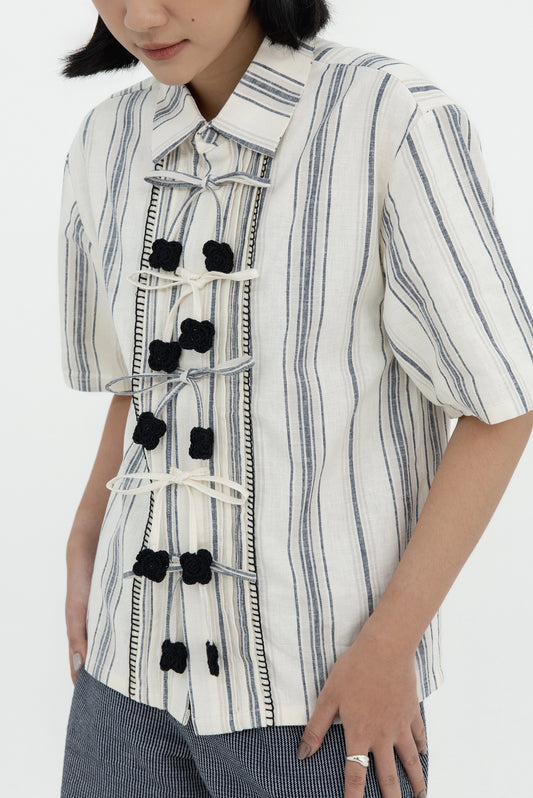 PLEATS RIBBON SHORT SLEEVE SHIRT