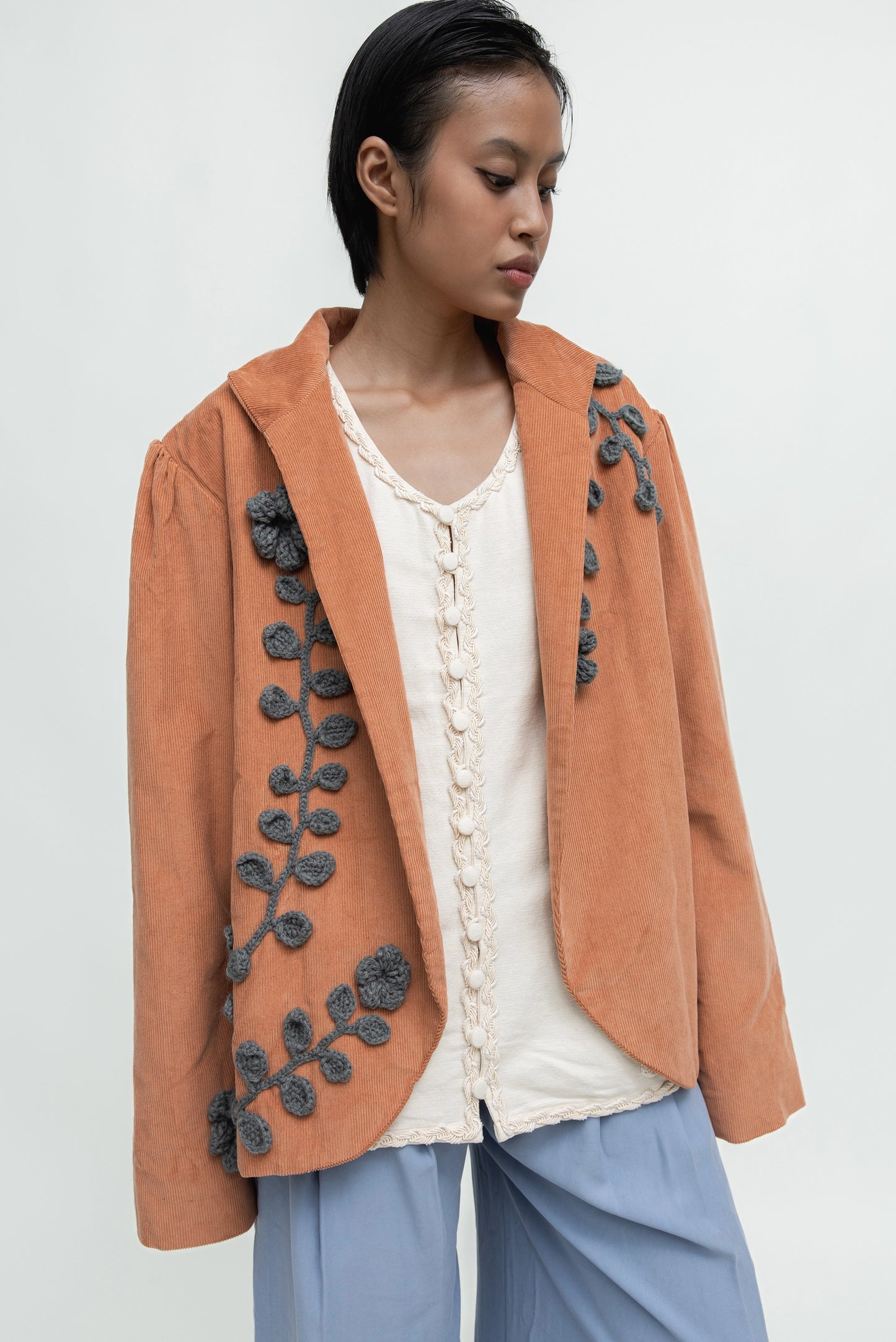 CORDUROY CROCHET BLAZER IN DUSTY ORANGE