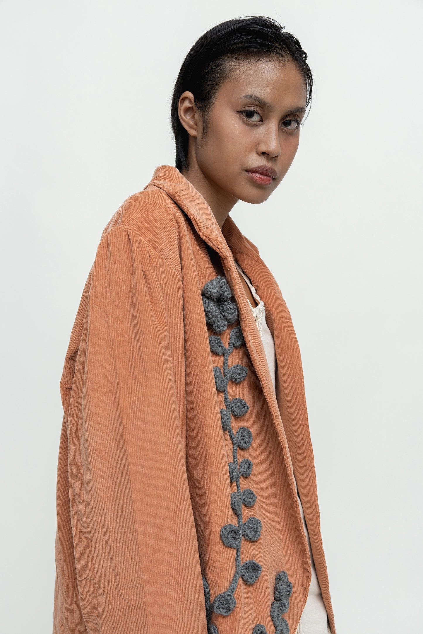 CORDUROY CROCHET BLAZER IN DUSTY ORANGE