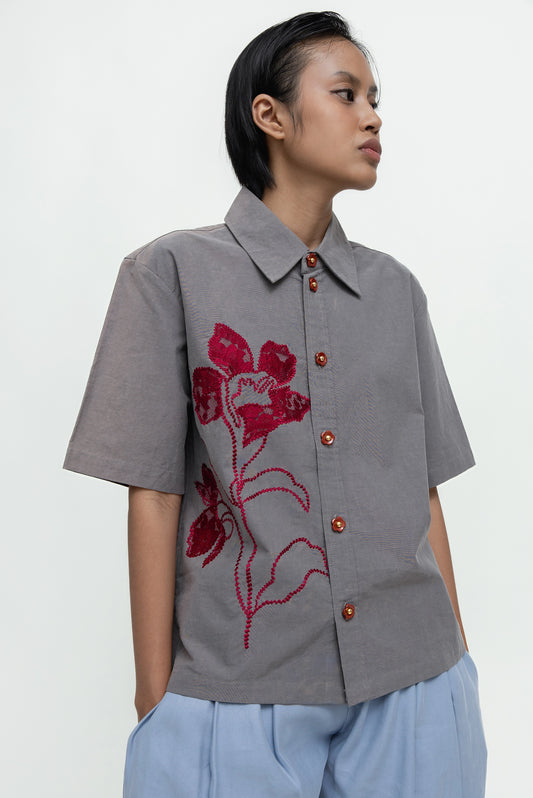 RED FLOWER EMBROIDERY SHIRT GREY SS