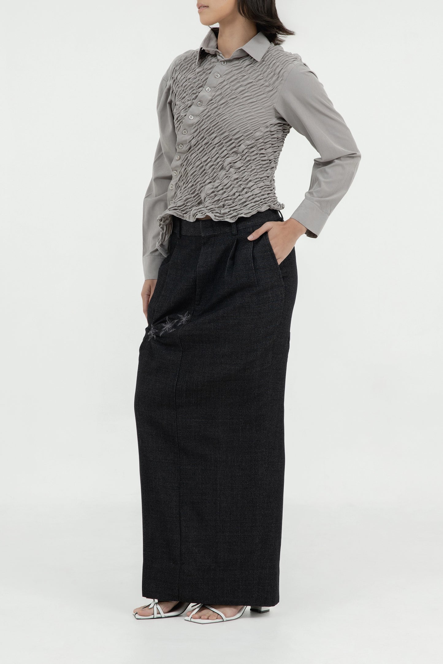 TWISTED EMBROIDERED LONG SKIRT